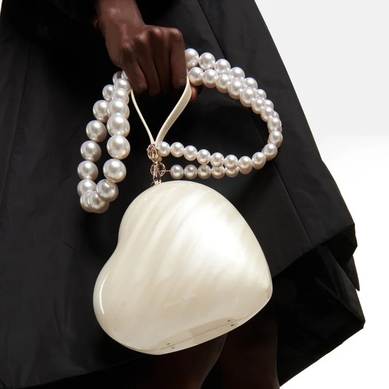 Evening Bag Beaded - Fashion Acrylic Hearts Evening Bag Pearl